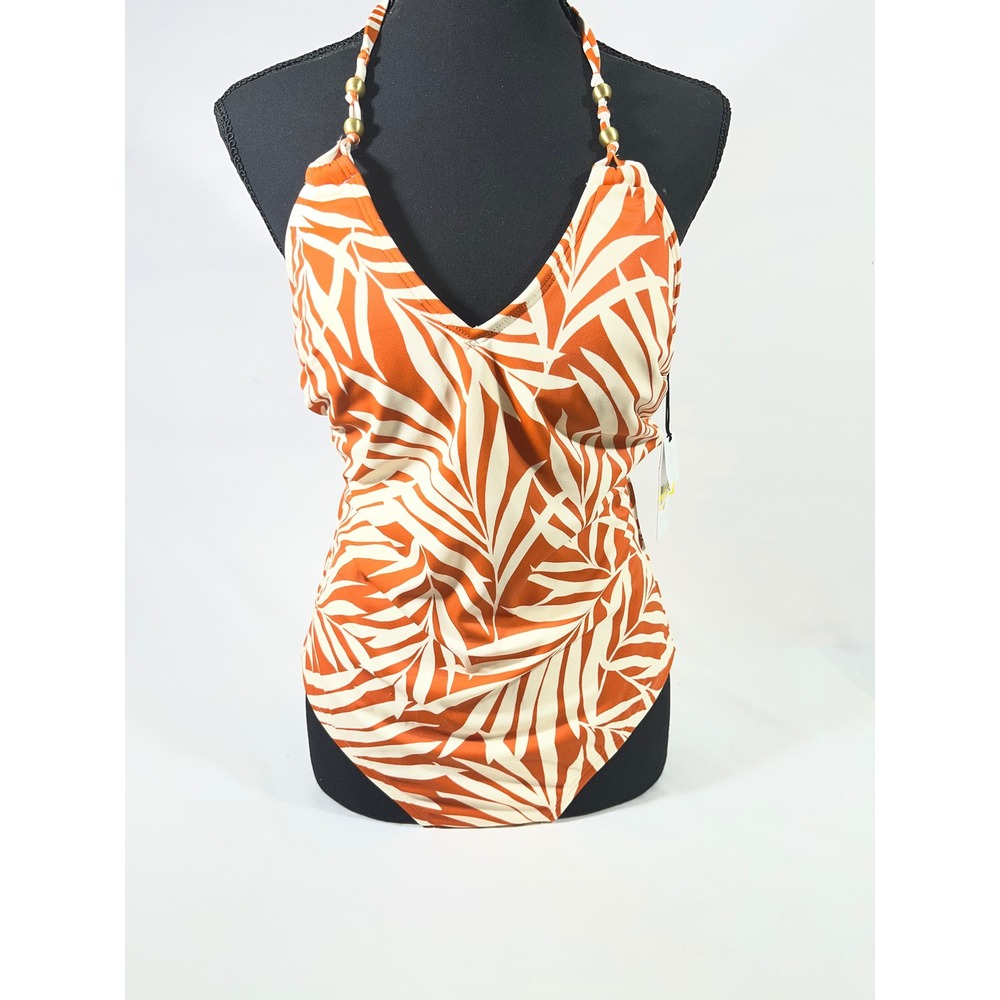 Shade & Shore Palm Leaf Halter 1 Piece Swimsuit Women M Orange/Cream Gold Beads